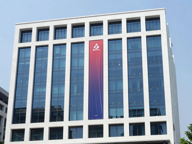 A wide environmental shot of a modern clean office building in Jakarta with a subtle red and deep blue banner, natural bright daylight