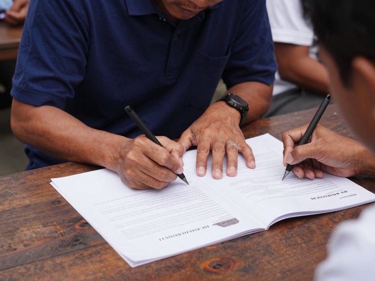 Candid photo of Indonesian citizens signing a large document on a wooden table, outdoor daylight, authentic editorial style