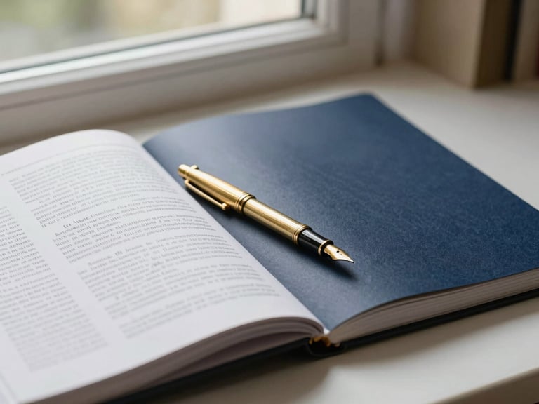 A clean, high-angle flat-lay of an open academic journal, a brass fountain pen resting on the page, soft natural library window light, shallow depth of field.