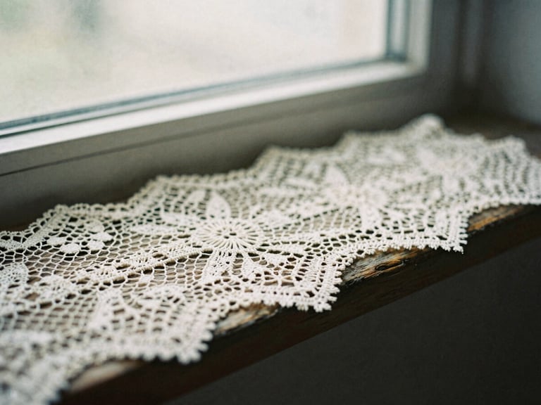 Close-up of intricate, heavy cream lace detail resting on weathered cedar wood, soft overcast window light, 35mm film.