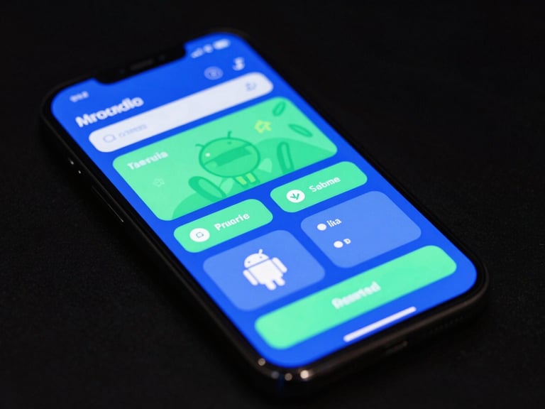 Angled perspective of an Android phone displaying an interactive learning app UI with vibrant blue and green elements, studio light