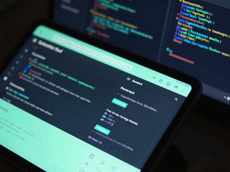 Close-up of an Android tablet showing a robust enterprise dashboard with mint green accents, code blocks in background, low-key lighting
