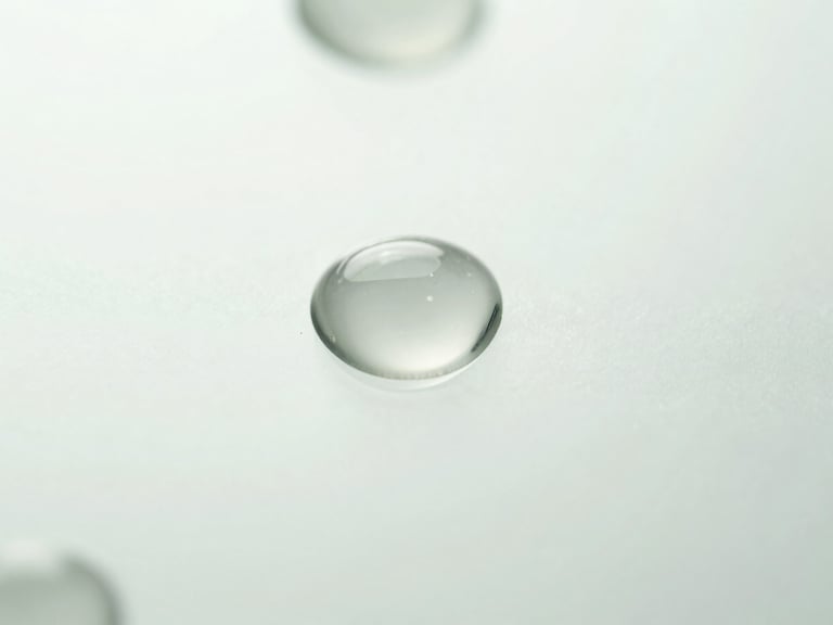 Macro close-up of transparent gel droplets on a clean glass surface, bright diffused daylight, clinical white and soft sage tones.