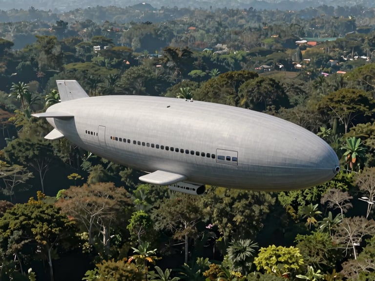 Wide-angle technical render of the FLYING WHALES airship hovering over a dense Indonesian rainforest canopy, bright natural daylight, sharp engineering details visible on the hull