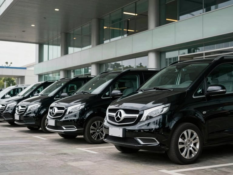 Fleet of black executive vans parked elegantly outside a modern convention center, crisp daylight, professional setting.