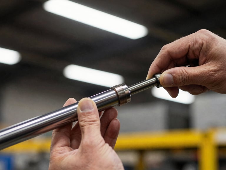 Macro shot of a technician's hands installing a high-pressure hydraulic seal on a chrome cylinder rod, realistic warehouse overheads, 35mm