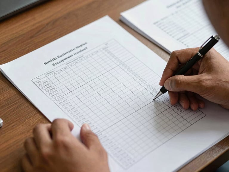 A close-up of hands systematically organizing official Karnataka higher education counseling documents and seat matrix charts on a wooden desk.