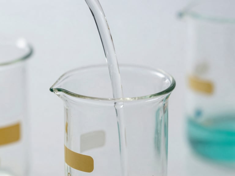 Macro close-up of high-end borosilicate glassware reflecting crisp studio light, precise liquid pouring, clean laboratory background, subtle gold and teal accents, 35mm, sharp focus