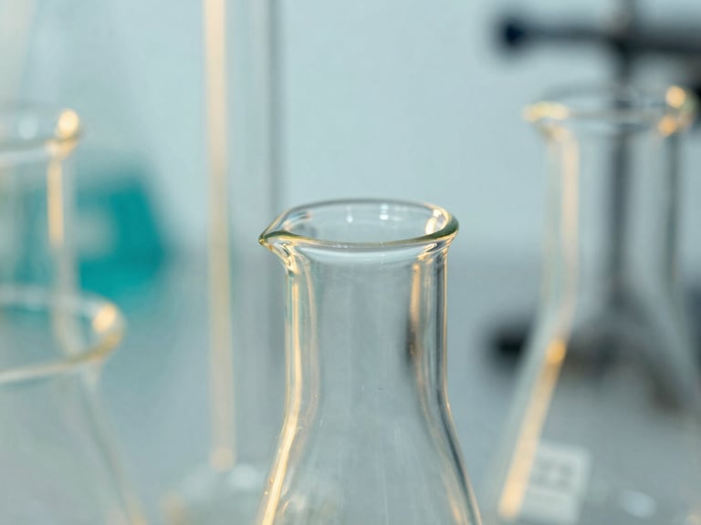 Macro close-up of high-end borosilicate laboratory glassware reflecting crisp studio light, subtle gold and teal backlighting, sharp focus, 35mm