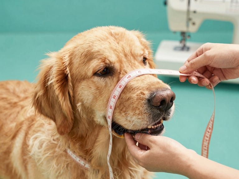 Close-up of hands measuring a calm golden retriever with a soft tape measure, warm daylight, sewing tools in the background
