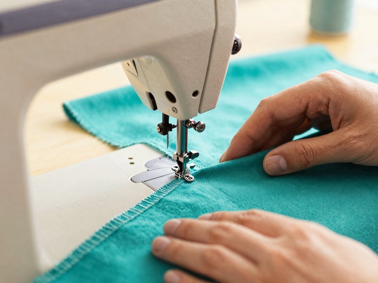 Close-up of a vintage sewing machine stitching vibrant teal fabric, thread details, hands of a craftsman, warm editorial lighting