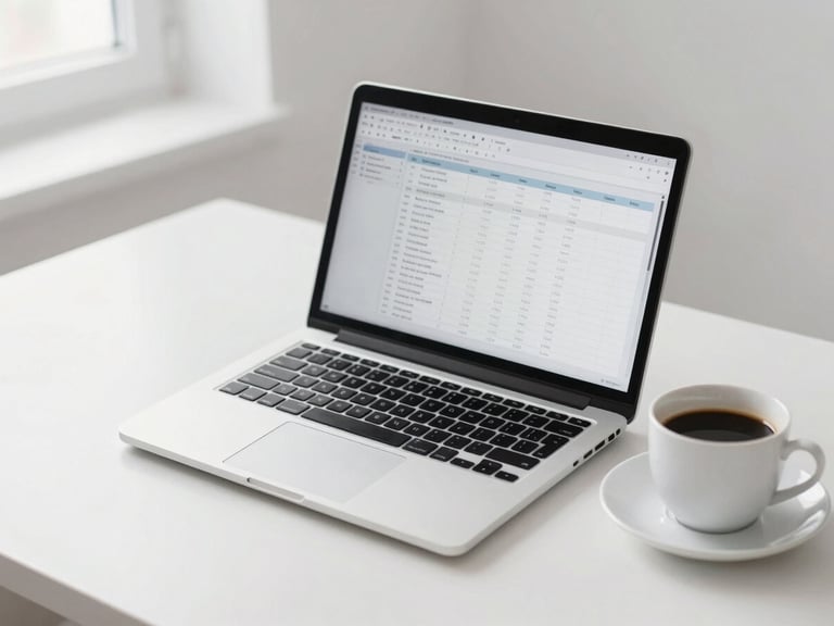 A clean minimalist desk in Finland with bright natural overcast light, a laptop displaying a neat spreadsheet, and a cup of black coffee, 35mm photography
