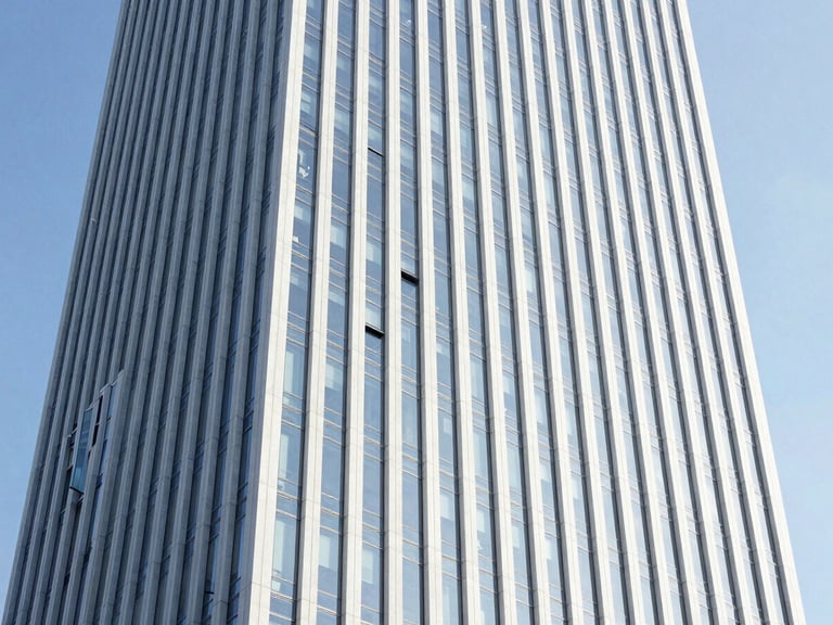 Bright architectural photography of a modern commercial skyscraper facade in St. Petersburg, crisp daylight, sharp steel and glass lines