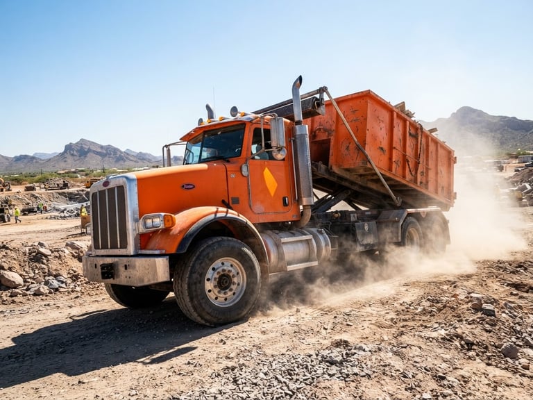 Low-angle heroic shot of a safety-orange roll-off dumpster truck under harsh bright Arizona midday sun, metallic textures, dust kicking up, wide-angle lens
