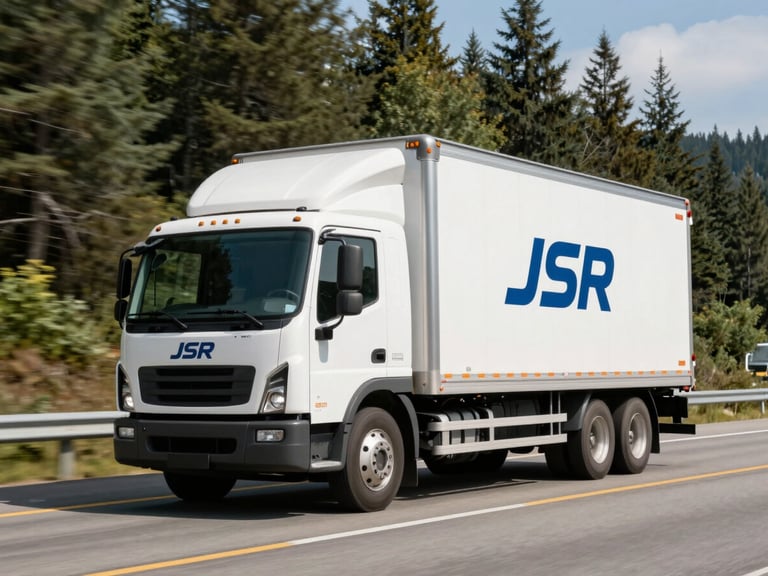 A clean, modern JSR delivery truck driving on a scenic Canadian highway under bright natural daylight, crisp corporate branding visible on the side