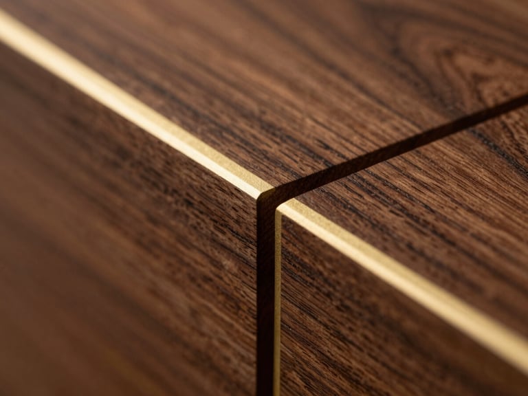 Macro close-up of a seamless walnut wood joint with a hairline gold metal inlay, architectural precision, low-key side lighting