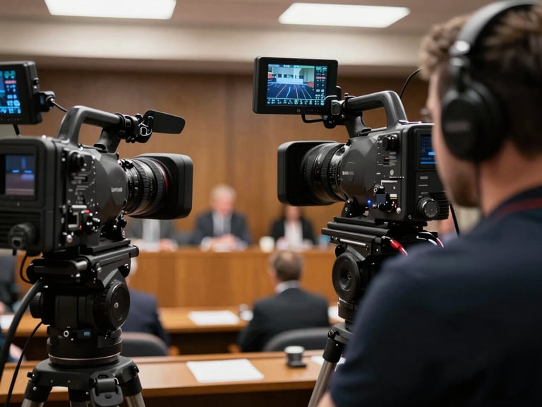 Over the shoulder shot of a professional camera operator filming a press conference in a Senate committee room, soft dramatic lighting, technical monitors visible.
