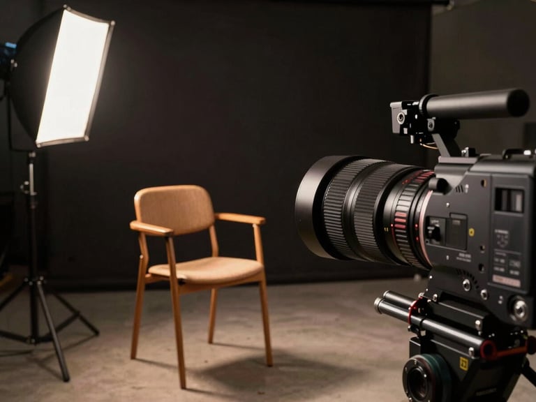 A professional television interview setup, showing a warm light illuminating an empty chair against a dark backdrop, with a heavy cinema lens in the foreground blur.