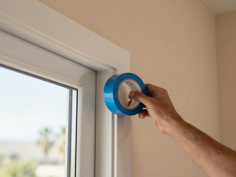 Close-up of a professional painter's hand applying blue painter's tape to a clean window frame, sharp focus, natural daylight, warm sand tones