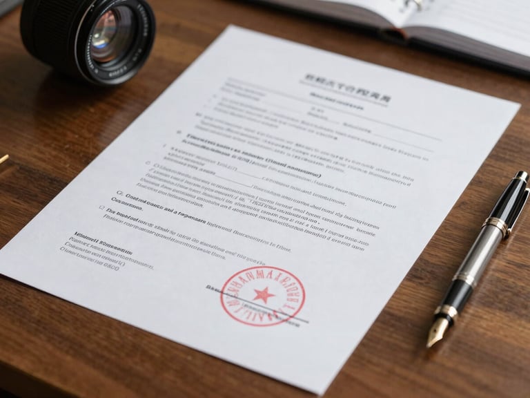 Detailed view of legal documents, official stamps, and a fountain pen on a heavy wooden desk, high-contrast natural daylight.