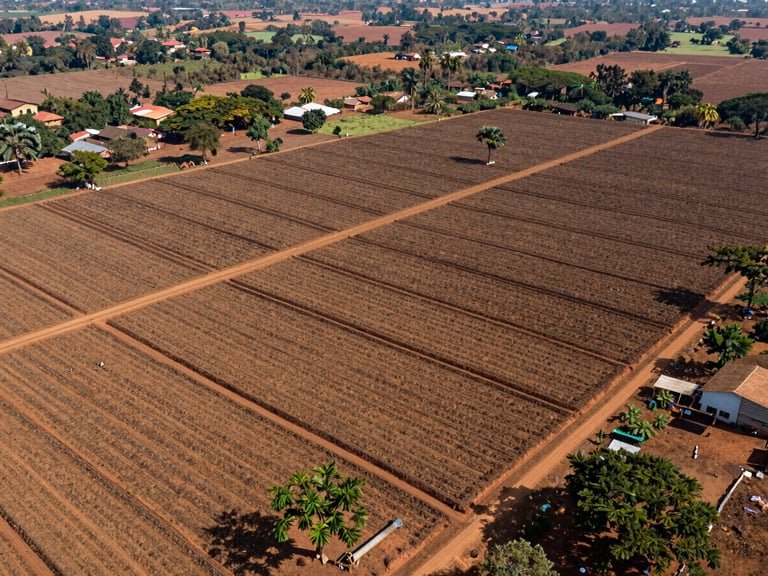 Drone aerial view of structured cocoa farm boundaries in West Africa, sharp polygon lines visible under bright natural daylight, 35mm documentary photography