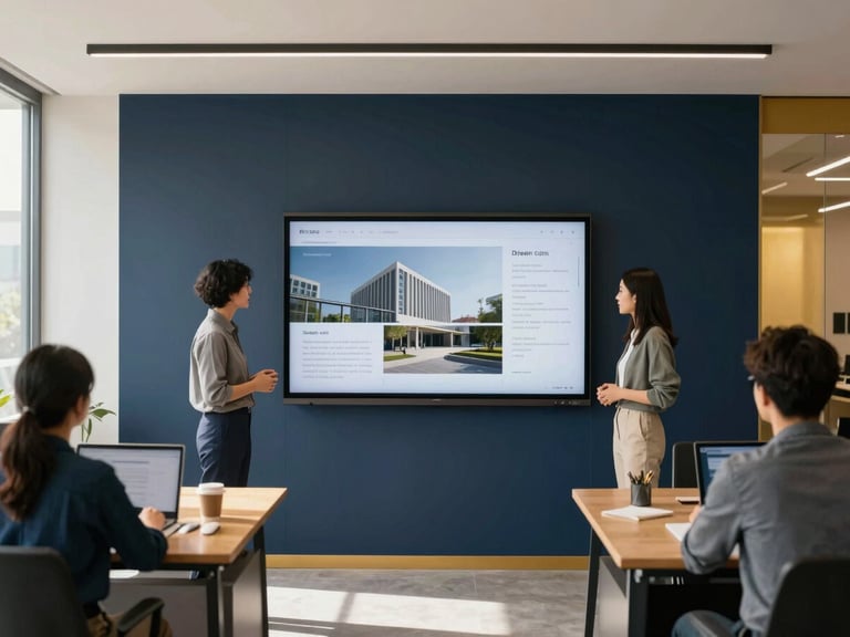 Modern office space with a team collaborating around a large screen displaying data, architectural details, natural daylight, deep navy and warm gold accents, clean minimalist composition, 35mm lens.