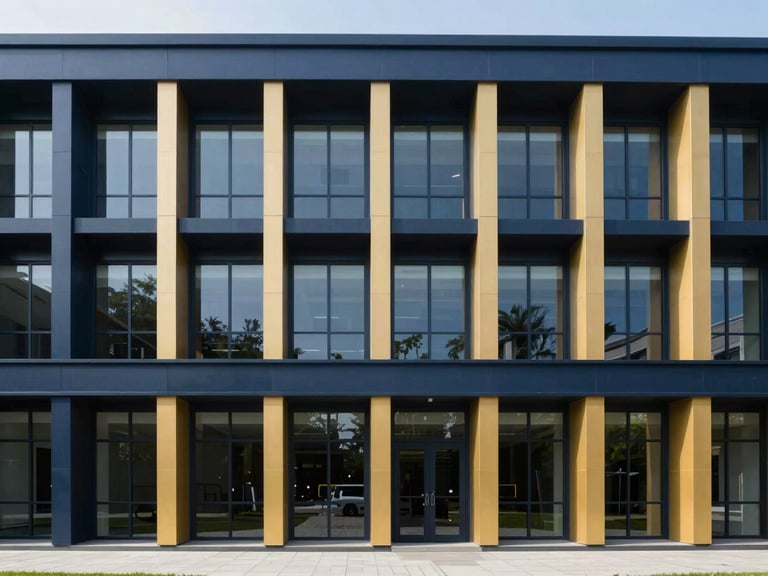 Modern university campus building facade with clean lines, natural daylight, deep navy and warm gold accents, clean minimalist composition, 35mm lens.