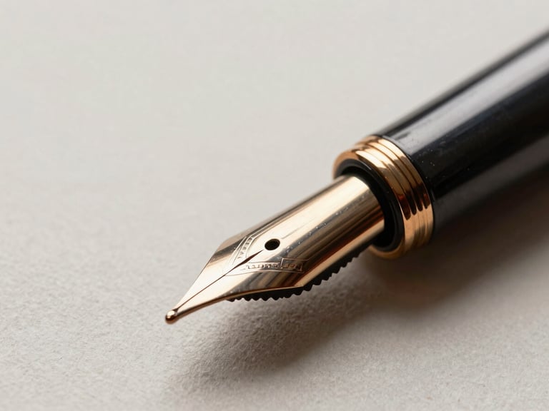 Macro close-up of a premium fountain pen nib on thick textured paper, dramatic side-lighting, deep bronze accents, sharp focus