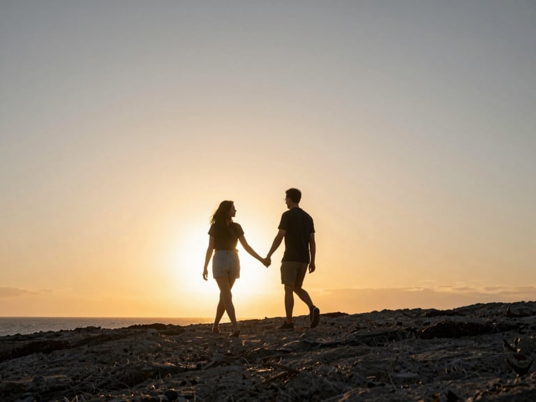 Cinematic wide shot of a couple walking hand-in-hand along a rugged coastline at sunset, warm backlighting, expansive sky, low horizon, natural motion.