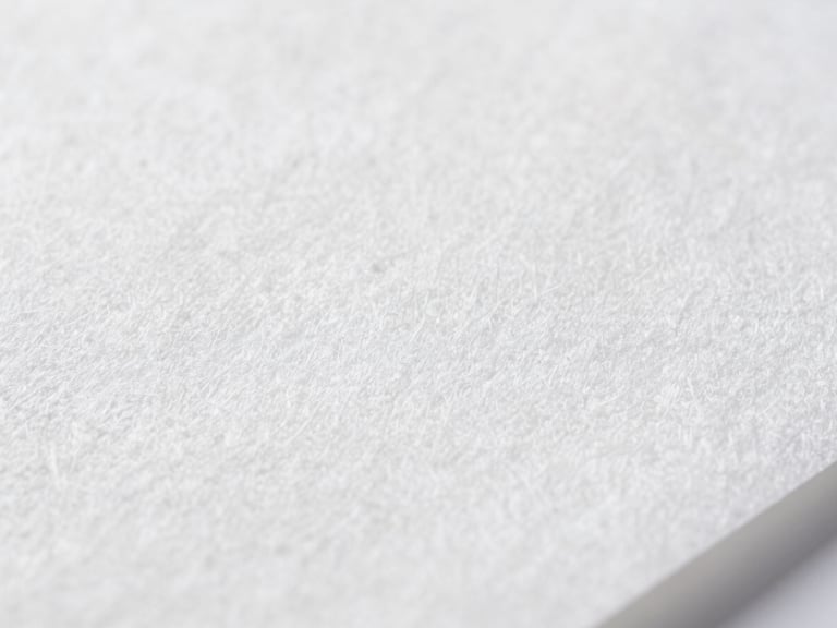 Macro close-up of micro-fiber paper texture, bright clinical studio light, sterile white and cool gray tones, showing fine, dense fibers