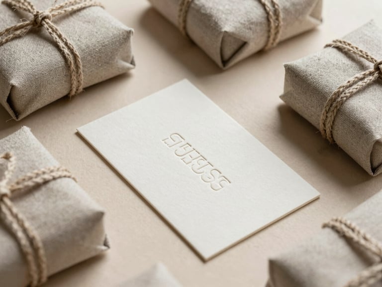 Wide landscape shot of a bespoke brand identity system, showing embossed letterpress cards and linen-wrapped packaging on a soft beige surface.