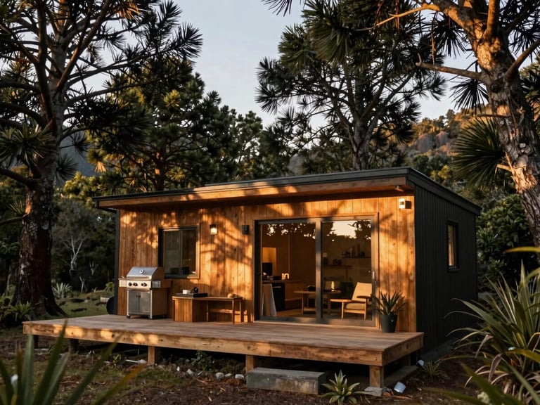 Cozy rustic-modern cabin nestled high among tall Coihue and Araucaria trees, spacious wooden deck with an outdoor grill, soft golden hour sunlight filtering through branches, editorial travel photography