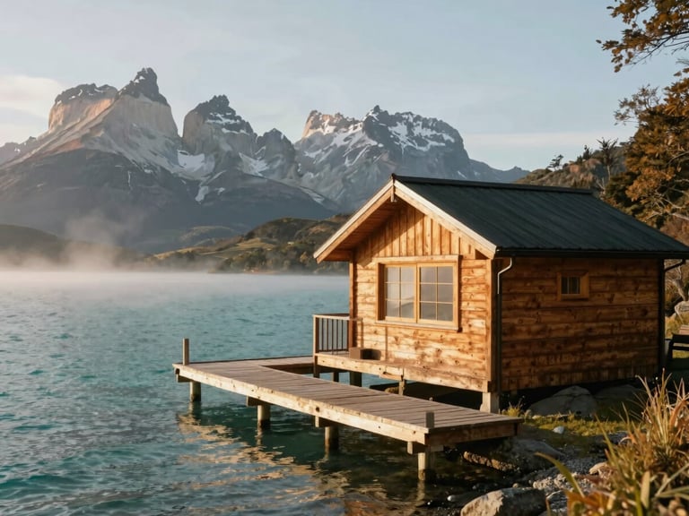 A beautiful wooden cabin on the edge of Lake Moquehue, private wooden dock extending into clear turquoise water, soft morning mist, majestic Andean peaks in the background, warm natural light, editorial photography