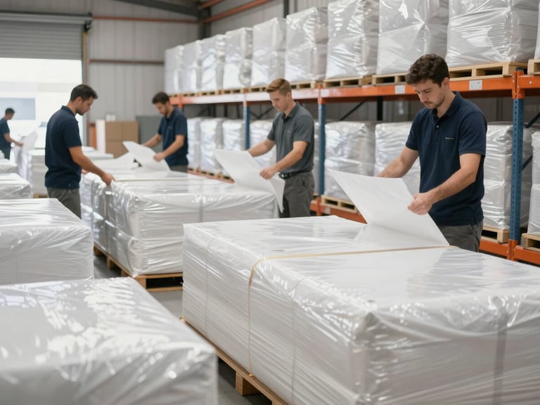 Professional packing team in a clean warehouse wrapping fragile household goods in heavy-duty protective material, bright daylight