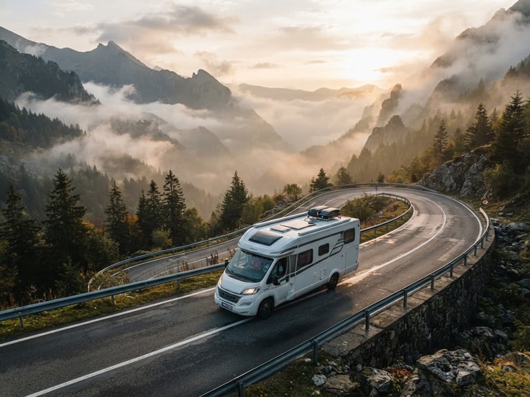 Wide panoramic view of a premium motorhome traveling along a scenic mountain pass in the Carpathians, dramatic morning mist, soft golden-hour backlighting, 35mm