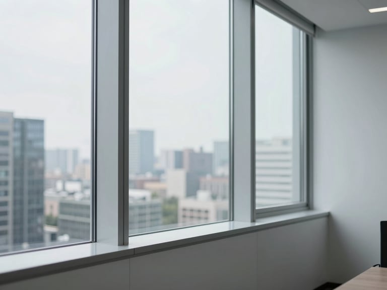 Crisp corporate photography of a clean modern office window overlooking a city, bright neutral daylight, cool slate gray tones, 35mm lens