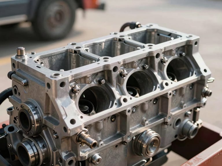 Close-up of a heavy truck engine block under harsh natural daylight, metal textures, clean mechanical components, professional inspection focus