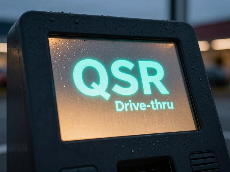 Close-up of a rugged digital QSR drive-thru kiosk screen glowing with cyan text at dusk, rain droplets on the surface, sharp focus, 35mm lens.