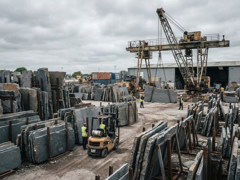 Wide environmental shot of a heavy-duty stone yard, massive raw granite slabs stacked vertically, overcast daylight, industrial crane in background