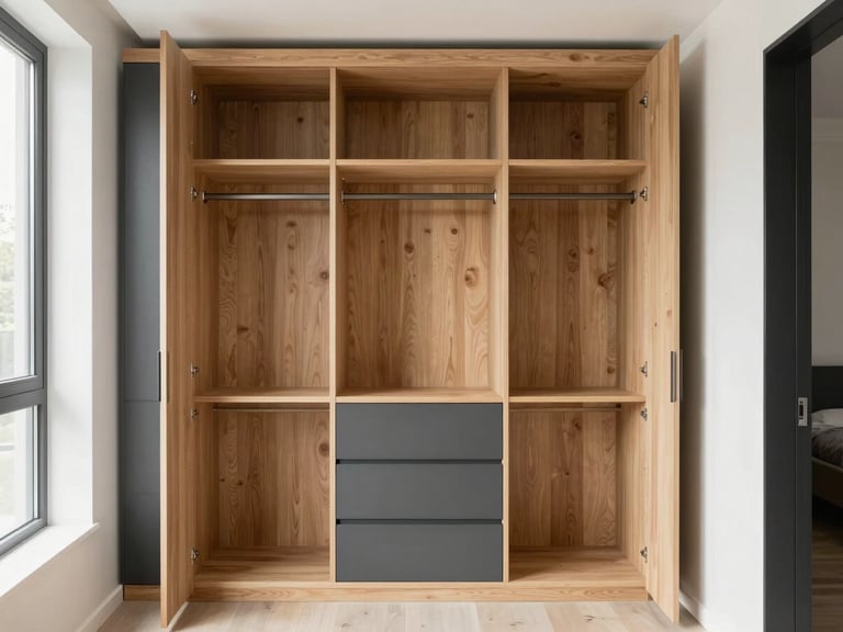 Straight-on architectural shot of custom oak walk-in wardrobe, natural daylight, clean matte charcoal details, 35mm