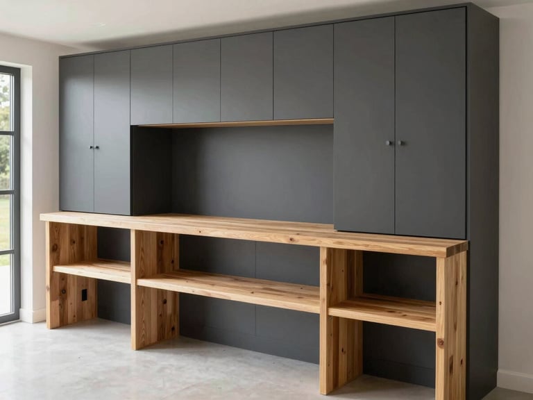 Bright architectural photography of custom garage joinery, matte charcoal cabinets, heavy-duty oak workbenches, natural daylight, 35mm.