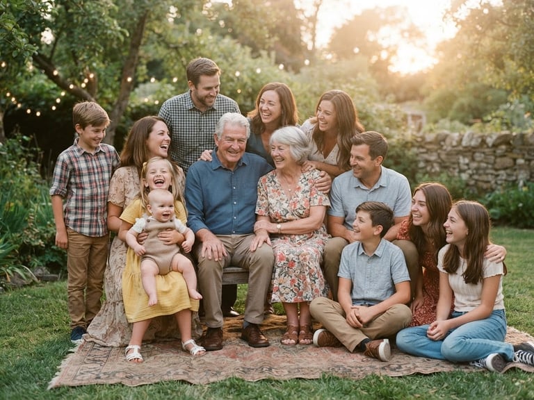 Warm nostalgic portrait of a multi-generational family gathering outdoors, soft golden-hour natural light, faded vintage film tones, 35mm aesthetic.