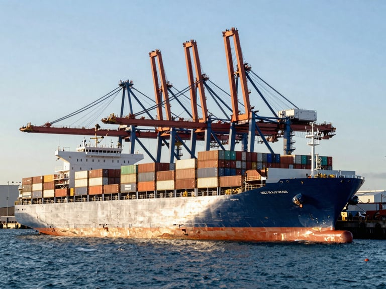 A high-contrast wide shot of a massive container vessel docked at the Port of Oakland during morning light, towering cranes overhead, deep blue water.