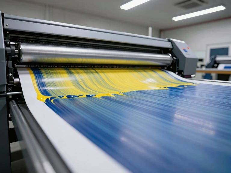 Wide environmental shot of a large format printer roller applying ink onto a banner, showing the vivid ink density, industrial workshop light.