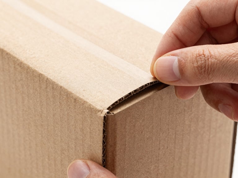 Macro close-up of a custom-printed cardboard box being precisely folded by hands, showing crisp creases and ink texture, bright studio light.