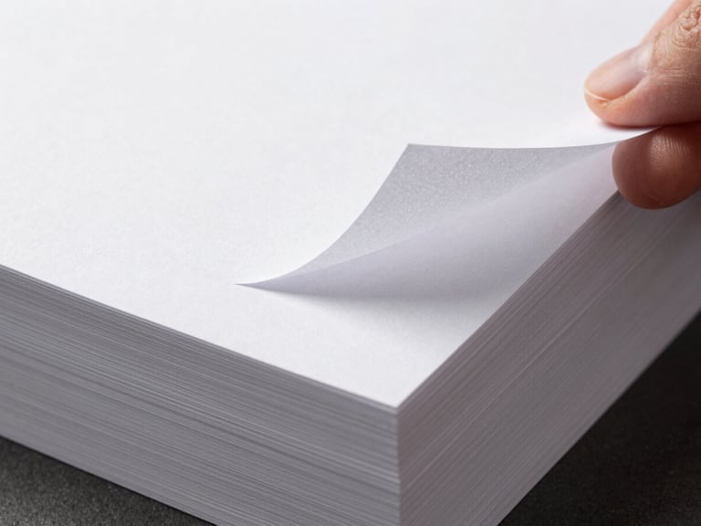 Stack of thick, textured corporate stationery, with a hand holding one sheet to show its tactile quality, sharp studio lighting.