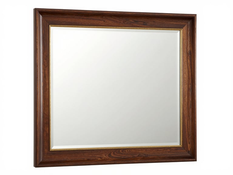 Elegant custom-framed mirror reflecting a high-end Dallas interior, subtle gold accents on the frame, bright diffused light.