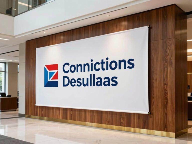 A large printed banner for a corporate event, installed in a modern Dallas office lobby, crisp and vibrant.