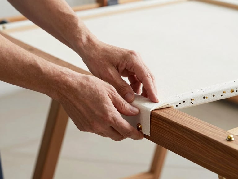 Hands carefully stretching a canvas onto a wooden stretcher bar, focus on the tension and smooth surface, workshop setting.