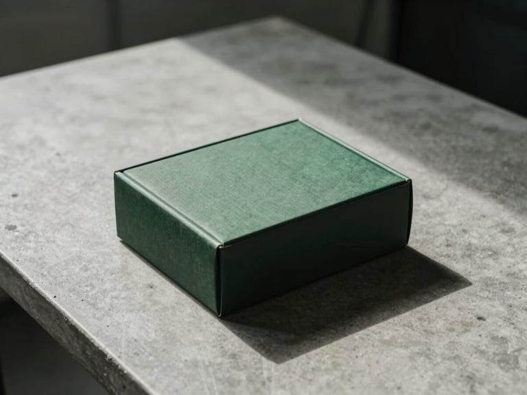 A physical product box being placed on a clean concrete table, sharp shadows, overcast daylight, moody desaturated tones with deep green accents.